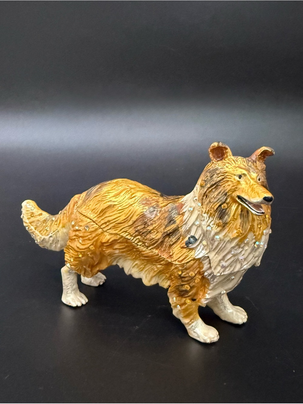 Bejeweled Enamel Gold/Cream Collie Dog Hinged Trinket Box